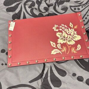 White House Black Market Red Clutch with Gold Floral Design
